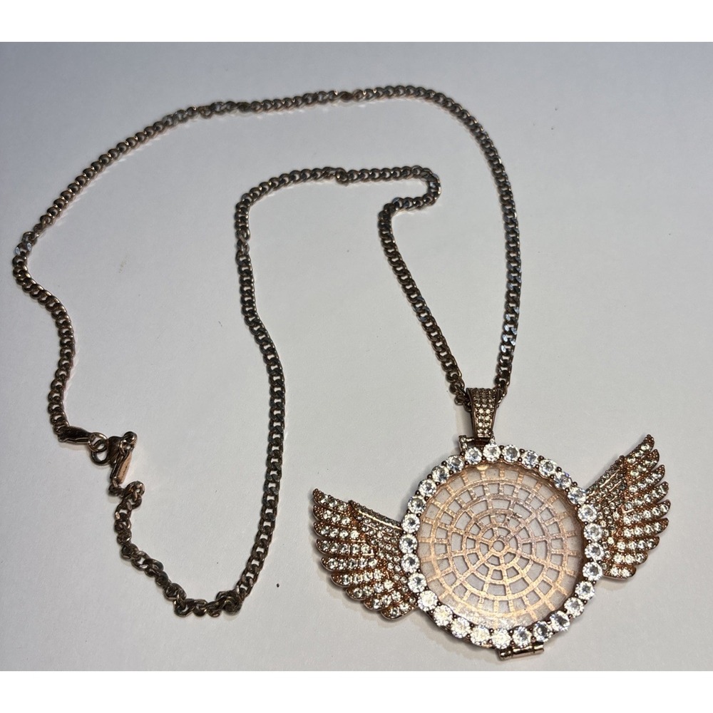 Rose Gold Tone Angel Wings Picture Frame Necklace Rhinestone Memorial Pendant